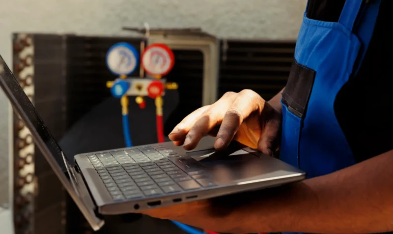 Trained african american engineer comissioned by customer to detect cause of malfunctioning air conditioner, writing down superheat and subcooling values measured by manifold gauges