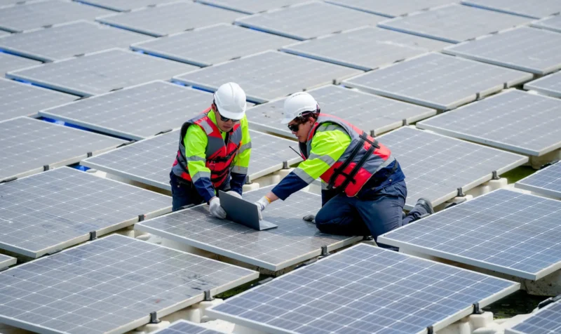 Two professional technician workers sit and work together using laptop in area of solar cell panel system in concept of green energy power plant.